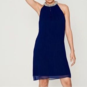 Diane Von Furstenberg Lainey Shift Dress- Navy Blue Beaded Halter- Silk